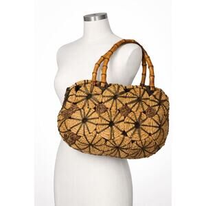 Patricia Neal Jute Straw Handbag Bamboo Handles Scalloped Leather Trim